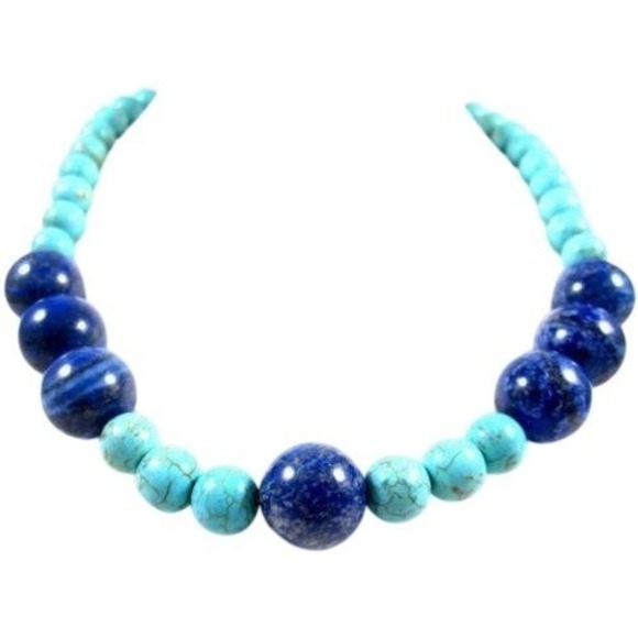 Aqua Turquoise & Blue Sodalite Accent Gemstone Beads Necklace*925*18-3/4